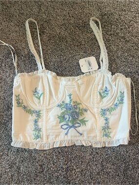 Altar'd State White Cropped Bustier with Blue & Green Floral Embroidery